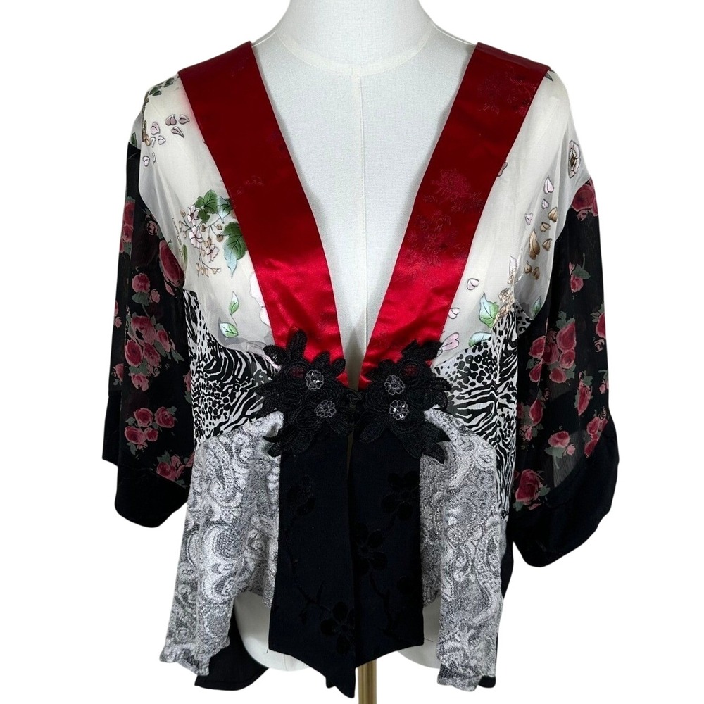 Vtg Spencer Alexis Kimono Jacket Womens M Silk Blend Patchwork Lace Whimsigoth‎